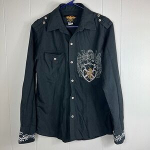 El General Mens Black Button Down Shirt Embroidered Crest Military Long Sleeve M